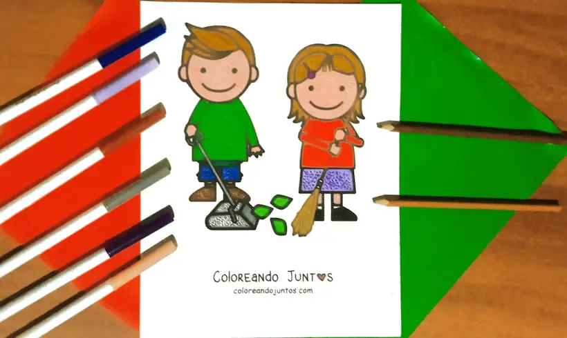 Dessin d'enfants aidant à la maison colorié par Colorions Ensemble