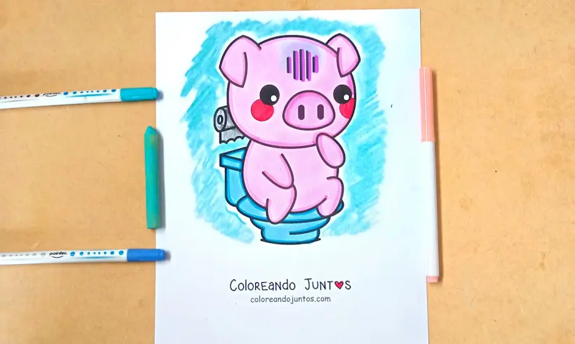 Dessin d’un petit cochon rigolo aux toilettes colorié par Colorions Ensemble