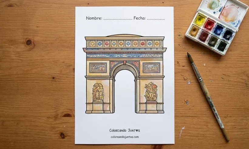 Dessin de l'Arc de Triomphe colorié à l'aquarelle