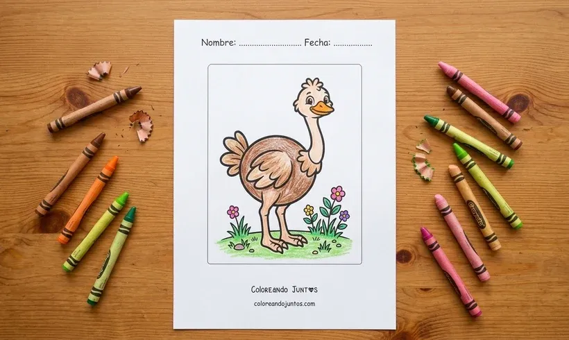 Dessin d'une autruche mignonne colorié aux crayons de cire