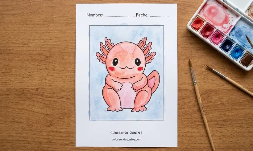 Dessin d'un axolotl dodu assis, colorié à l'aquarelle