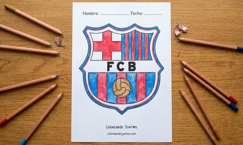 Dessin du blason du FC Barcelone colorié aux crayons de couleur