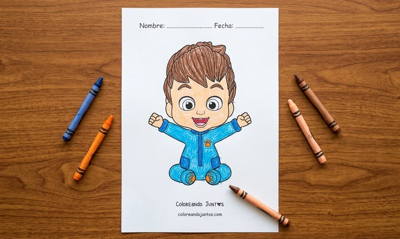 Dessin de Bebefinn assis colorié aux crayons de cire