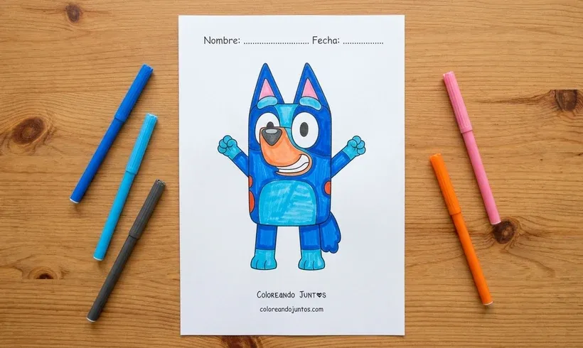 Dessin de Bluey qui salue, colorié aux feutres