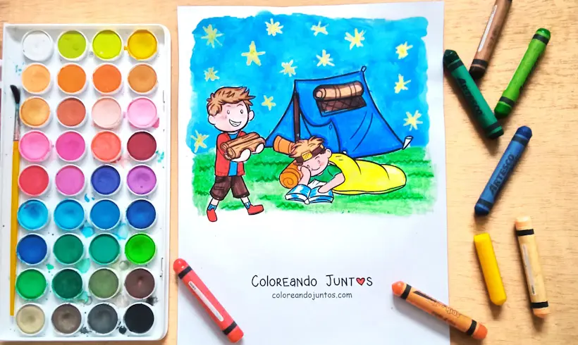 Dessin d’un campement colorié par Colorions Ensemble