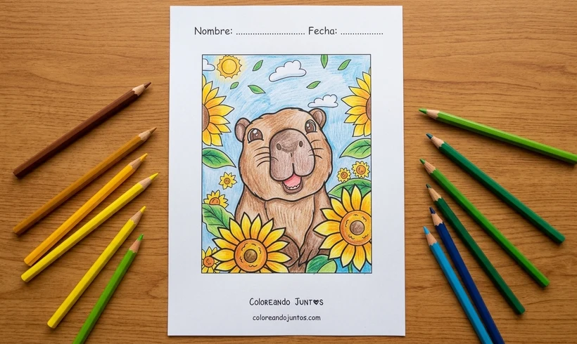 Dessin d'un capybara au milieu des tournesols colorié aux crayons de couleur