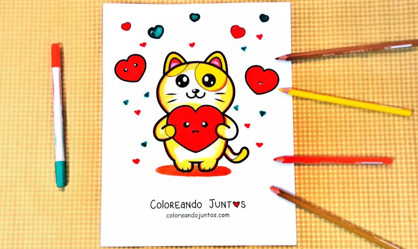 Coloriage d’un chat amoureux colorié par Colorions Ensemble