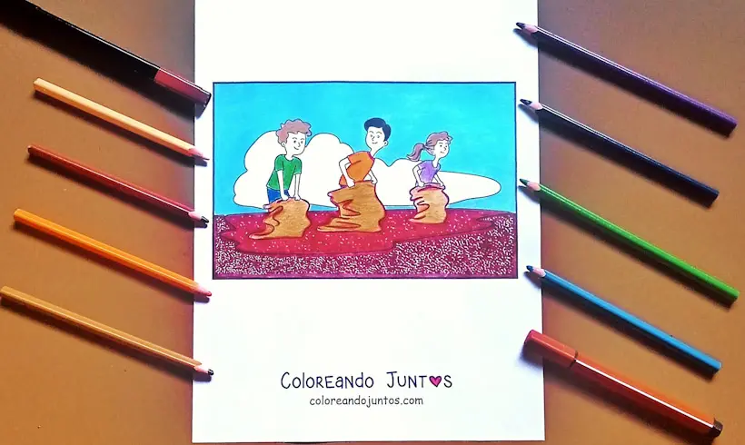 Dessin d'une course en sac coloriée par Colorions Ensemble