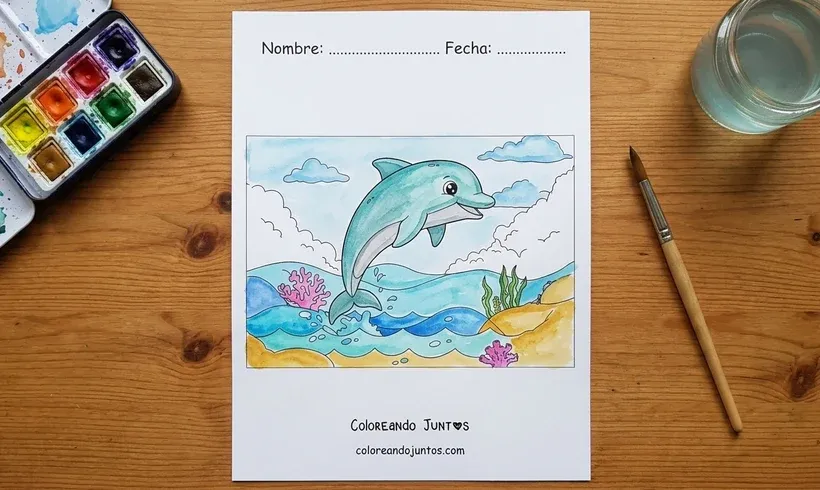 Dessin d'un dauphin sautant au-dessus de la mer colorié à l'aquarelle