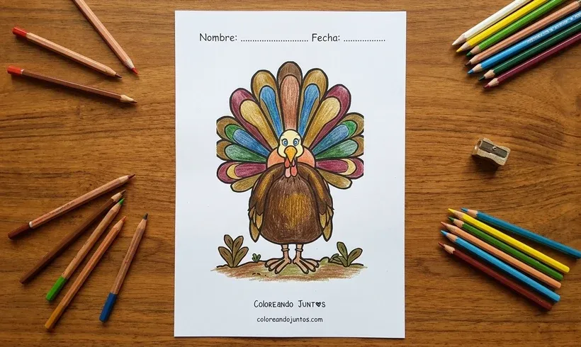Dessin d'une dinde avec la queue de plumes déployée colorié aux crayons de couleur