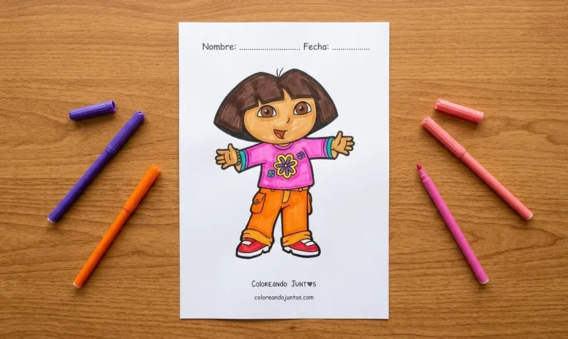 Dessin de Dora l'exploratrice qui salue les bras ouverts colorié aux feutres