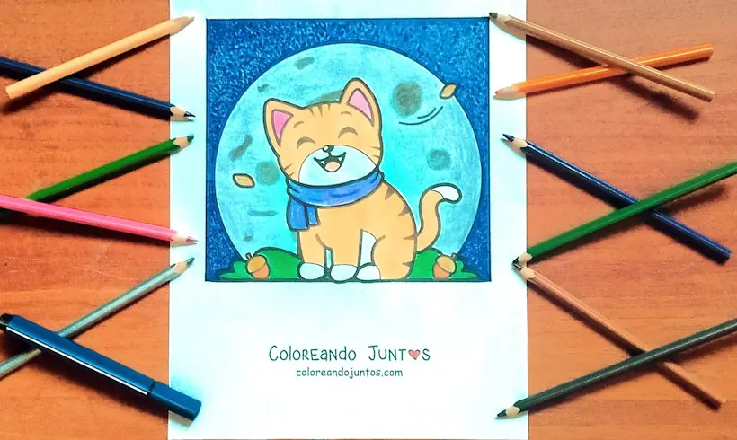 Dessin d’un chat avec une écharpe colorié par Colorions Ensemble
