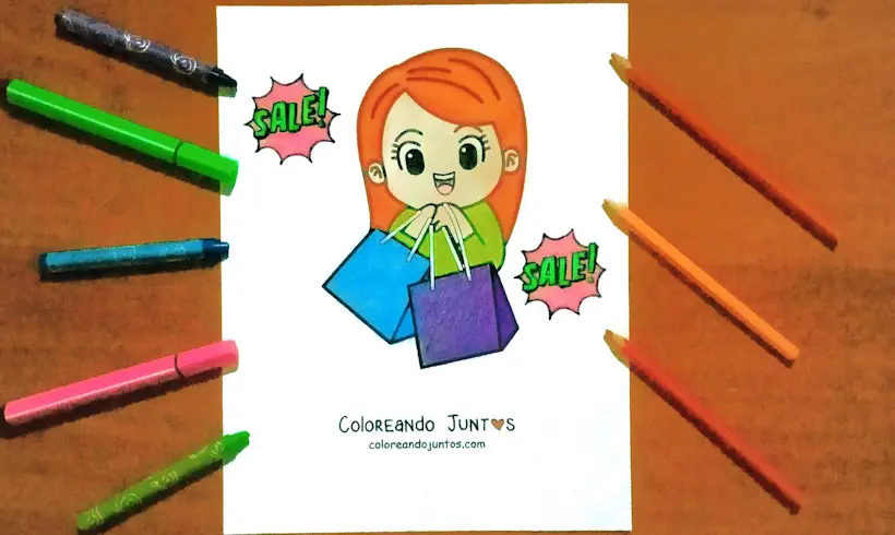 Dessin d’une fille faisant du shopping colorié par Colorions Ensemble