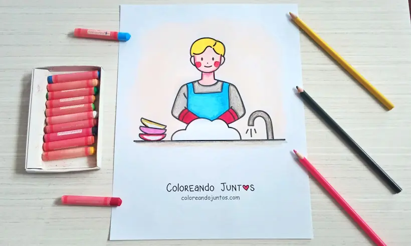 Dessin d’une femme faisant la vaisselle colorié par Colorions Ensemble