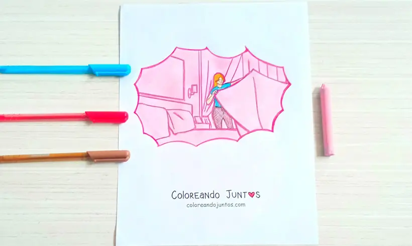 Dessin d'une fille qui fait le lit le matin colorié par Colorions Ensemble