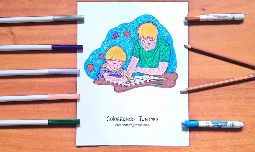 Dessin d’une fille qui fait ses devoirs colorié par Colorions Ensemble