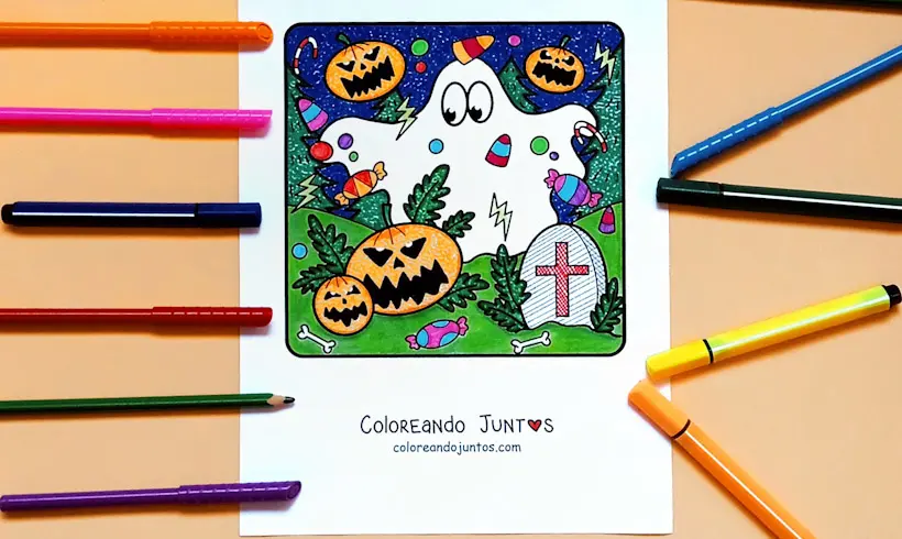 Dessin de fantôme d’Halloween colorié par Colorions Ensemble