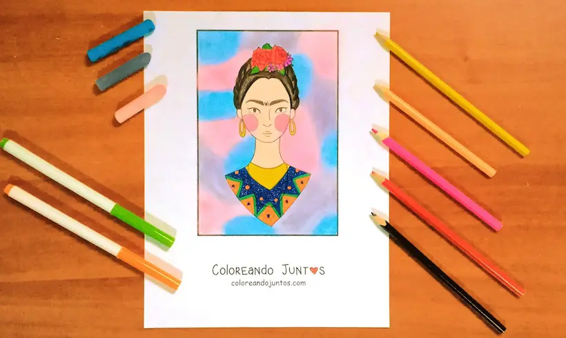 Dessin de Frida Kahlo colorié par Colorions Ensemble