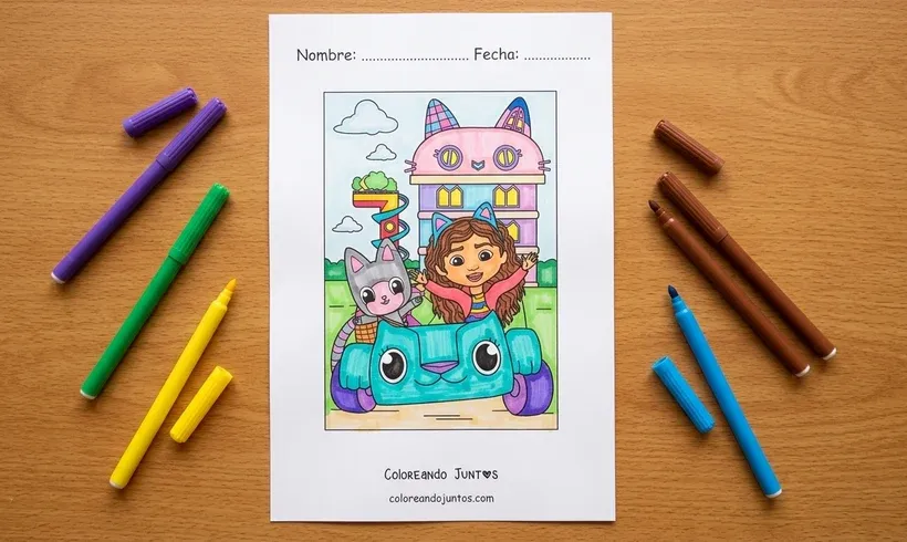 Dessin de Gabby et Pandy Paws en balade dans la voiture Carlita devant la maison, colorié aux feutres