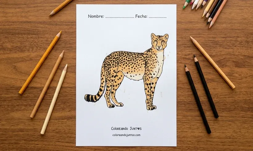 Dessin d'un guépard debout colorié aux crayons de couleur