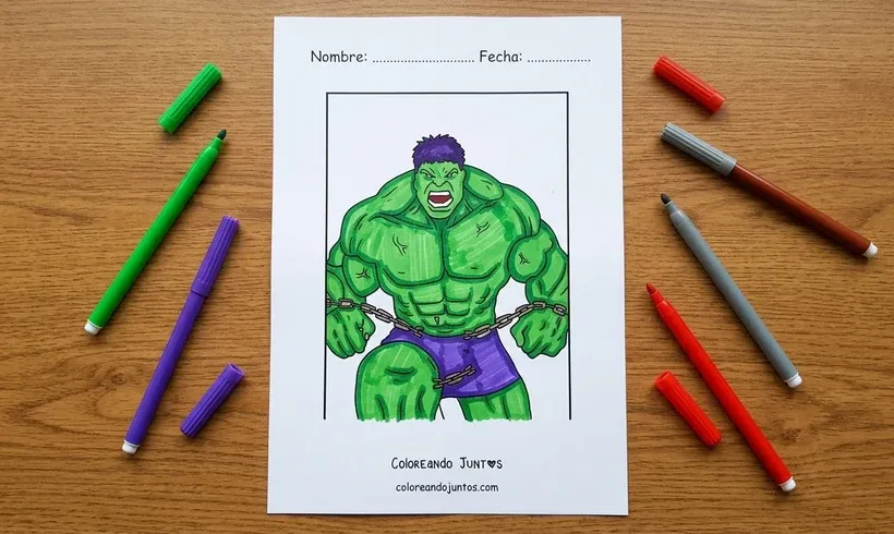 Dessin de Hulk brisant des chaînes colorié aux feutres