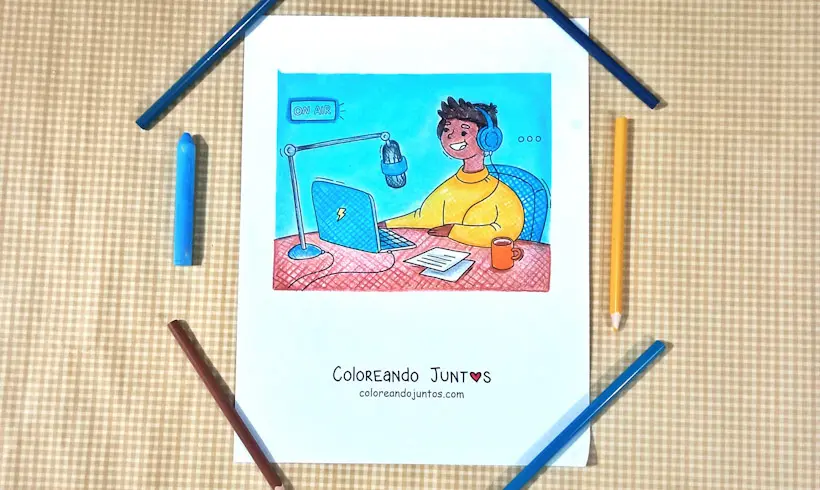 Dessin d'un garçon à la radio colorié par Colorions Ensemble