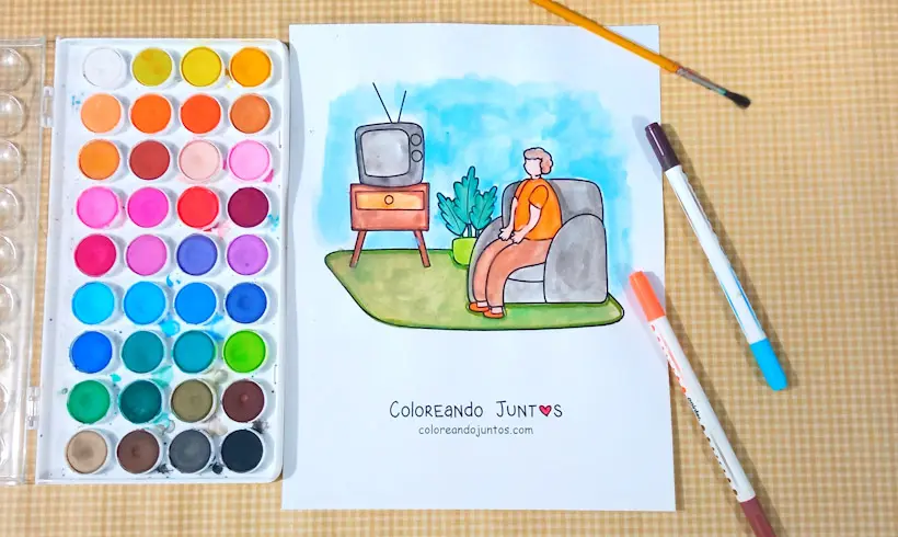Dessin d'un homme qui regarde la télévision colorié par Colorions Ensemble