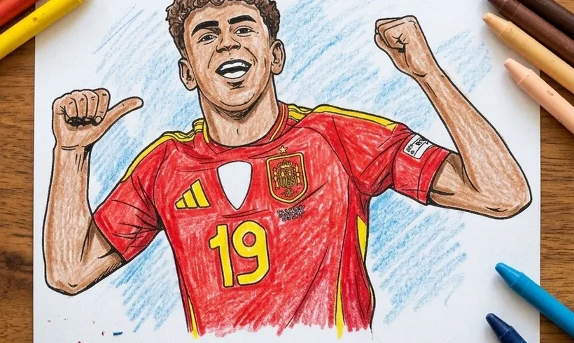 Dessin de Lamine Yamal célébrant un but avec le maillot de l'Espagne colorié aux craies de cire