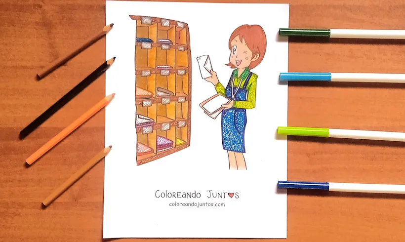 Dessin d'une femme au bureau de poste colorié par Colorions Ensemble
