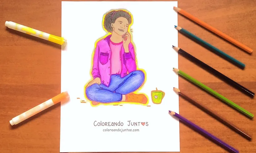 Dessin d’une fillette qui parle au téléphone colorié par Colorions Ensemble
