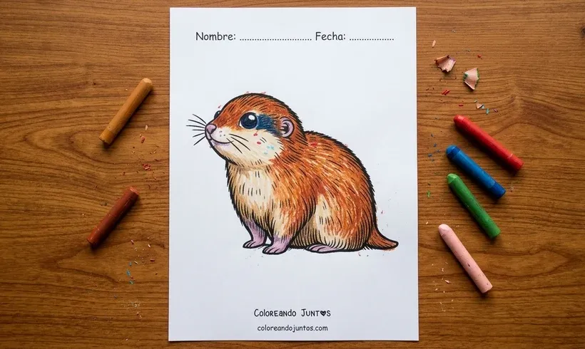 Dessin d'un lemming assis colorié aux crayons de cire