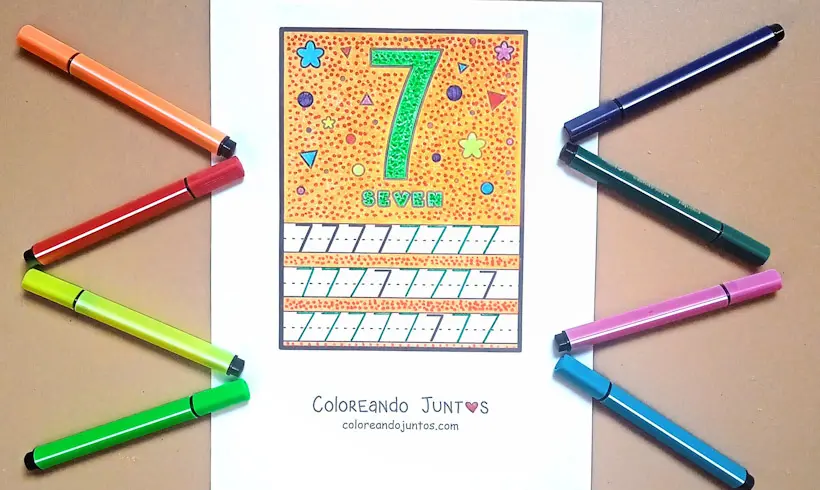 Dessin du chiffre 7 en anglais colorié par Colorions Ensemble
