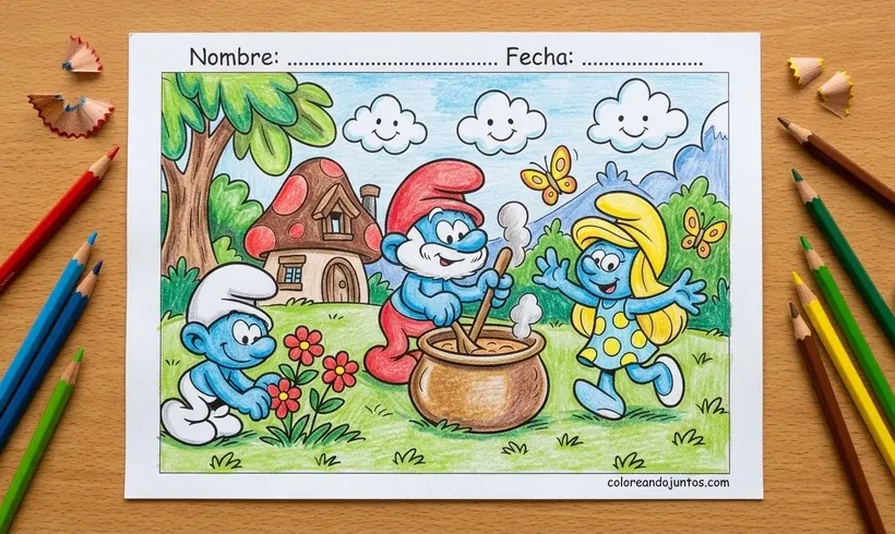 Dessin du Grand Schtroumpf et son chaudron colorié aux crayons de couleur