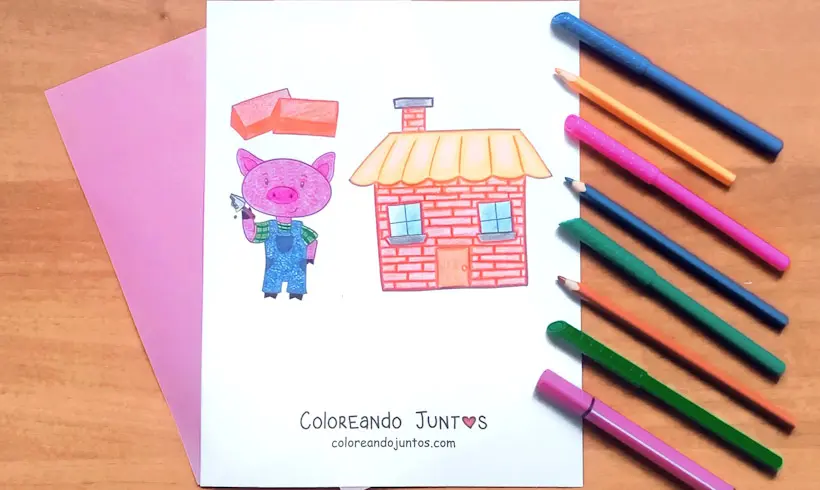 Dessin de l'un des trois petits cochons colorié par Colorions Ensemble