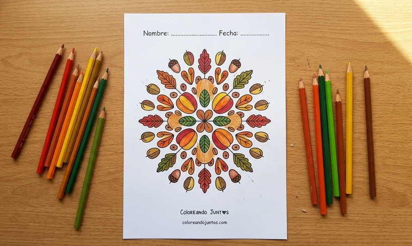 Mandala d'automne avec des glands et des feuilles de chêne colorié aux crayons
