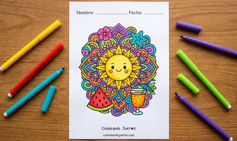 Mandala d'été avec un soleil souriant et une pastèque colorié aux feutres