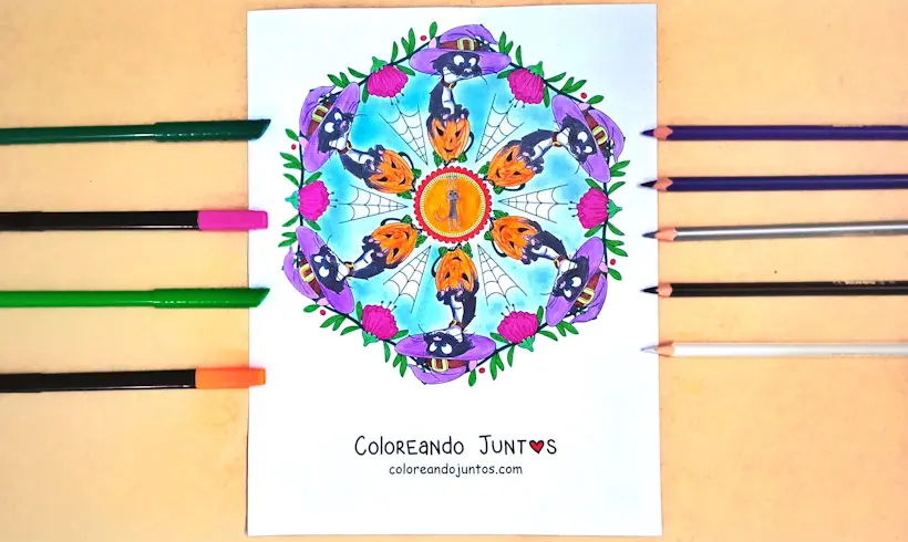 Dessin de mandala d'Halloween colorié par Colorions Ensemble