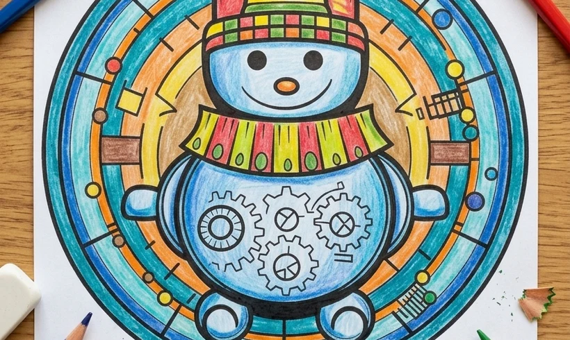 Mandala d'hiver avec un bonhomme de neige colorié aux crayons de couleur