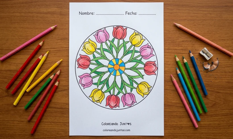 Mandala de printemps avec des tulipes colorié aux crayons de couleur
