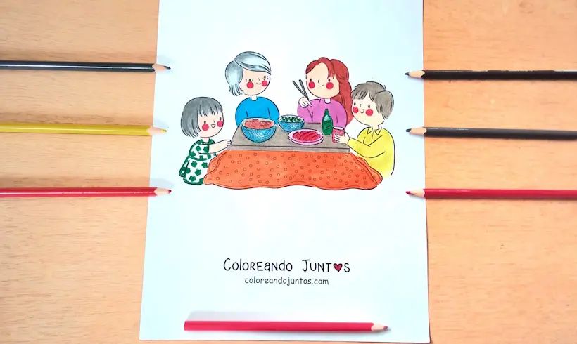 Dessin d’une famille à table colorié par Colorions Ensemble