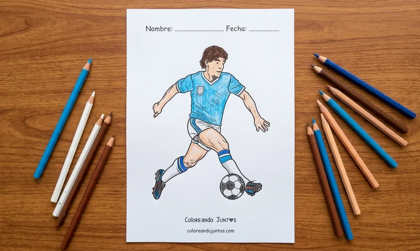 Dessin de Maradona dribblant avec le maillot de l'Argentine colorié aux crayons de couleur