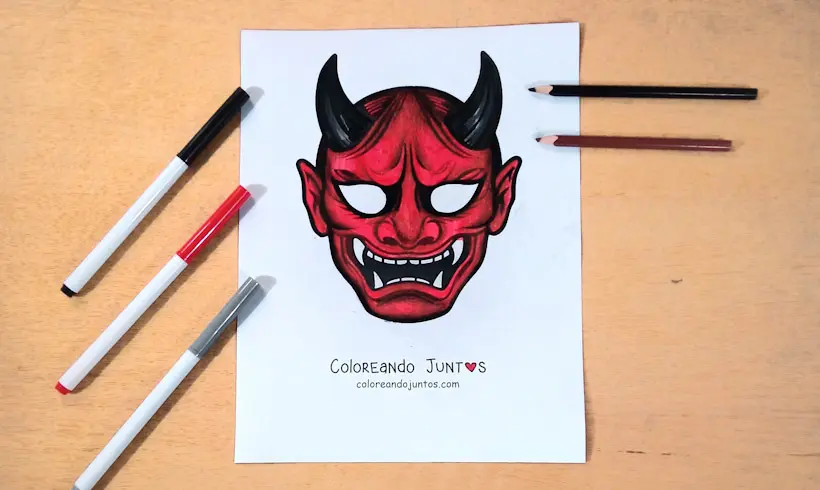 Dessin d'un masque japonais colorié par Colorions Ensemble
