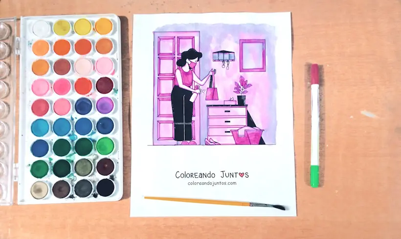 Dessin d’une femme faisant le ménage chez elle colorié par Colorions Ensemble