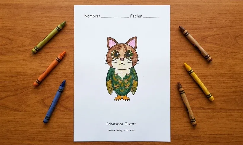 Dessin d'un Meowl, moitié chat moitié hibou, colorié aux crayons de cire