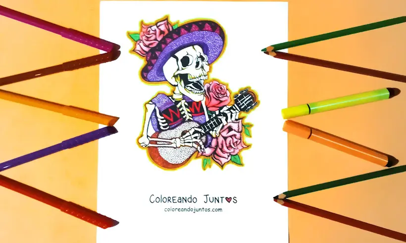 Dessin de squelette du Mexique colorié par Colorions Ensemble