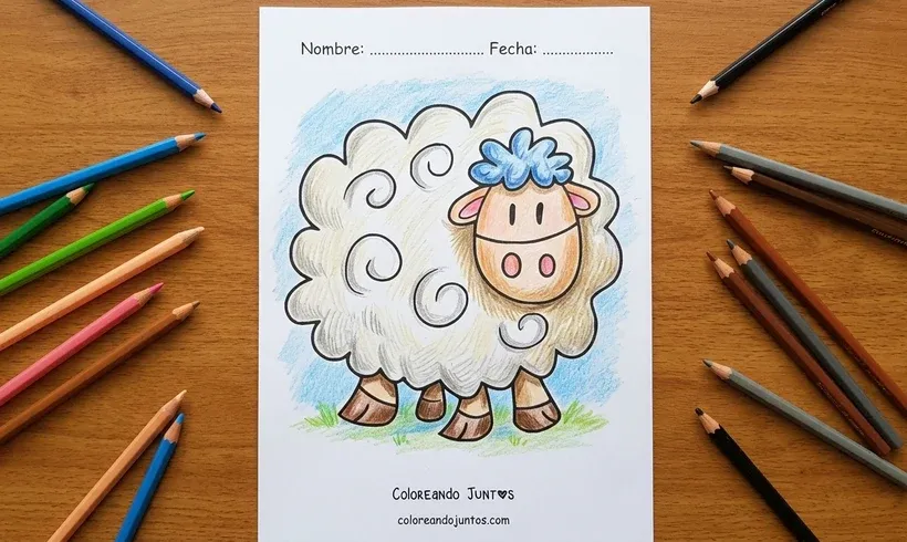 Dessin d'un mouton de dessin animé avec une toison pleine de boucles et un grand sourire, colorié aux crayons de couleur