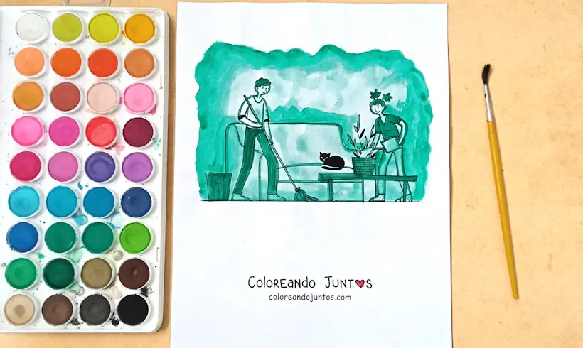 Dessin d'un couple nettoyant le sol colorié par Colorions Ensemble