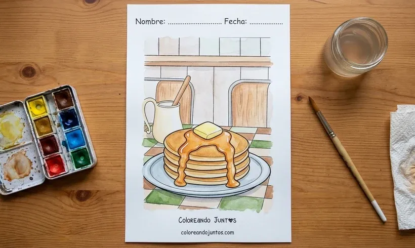 Dessin d'une pile de pancakes avec du beurre et du sirop colorié à l'aquarelle