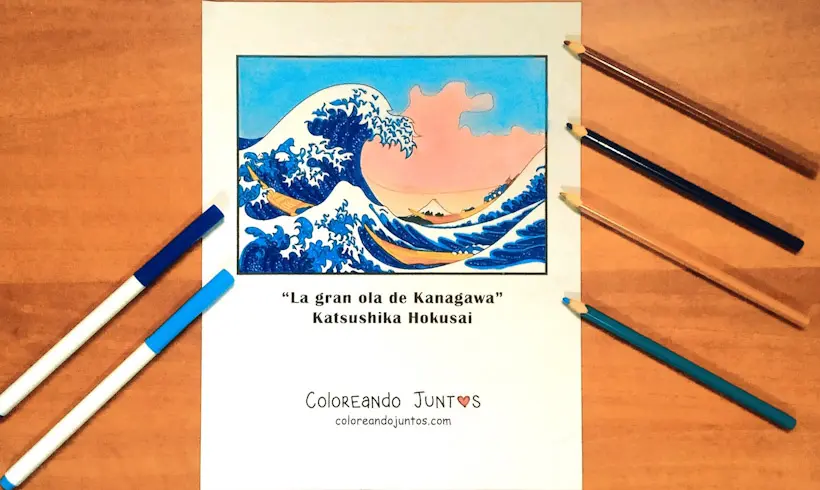 Dessin de la peinture La Grande Vague de Kanagawa coloriée par Colorions Ensemble
