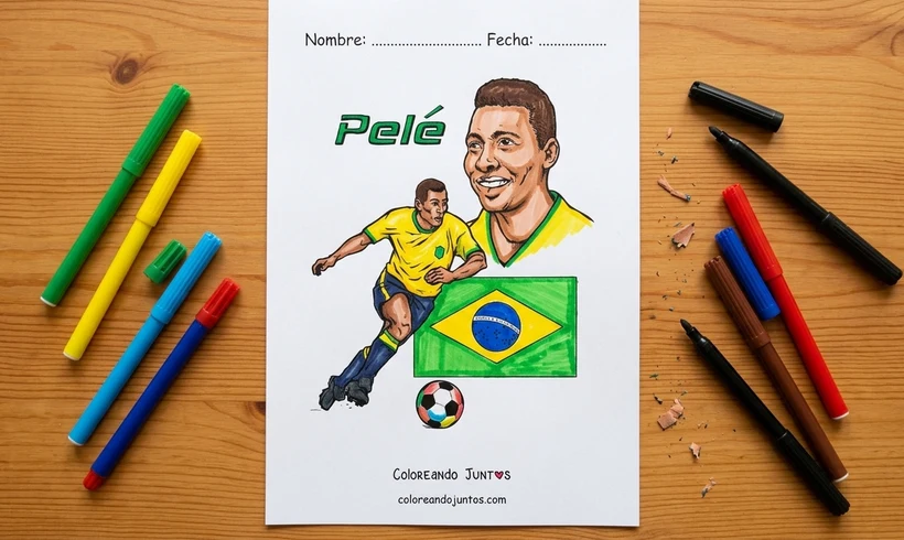 Dessin de Pelé avec le drapeau du Brésil colorié aux feutres
